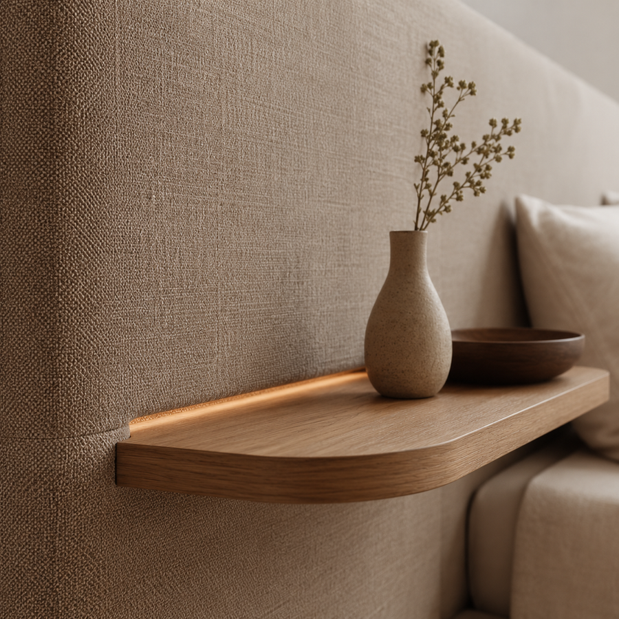 Floating bedside ledge attached to the headboard